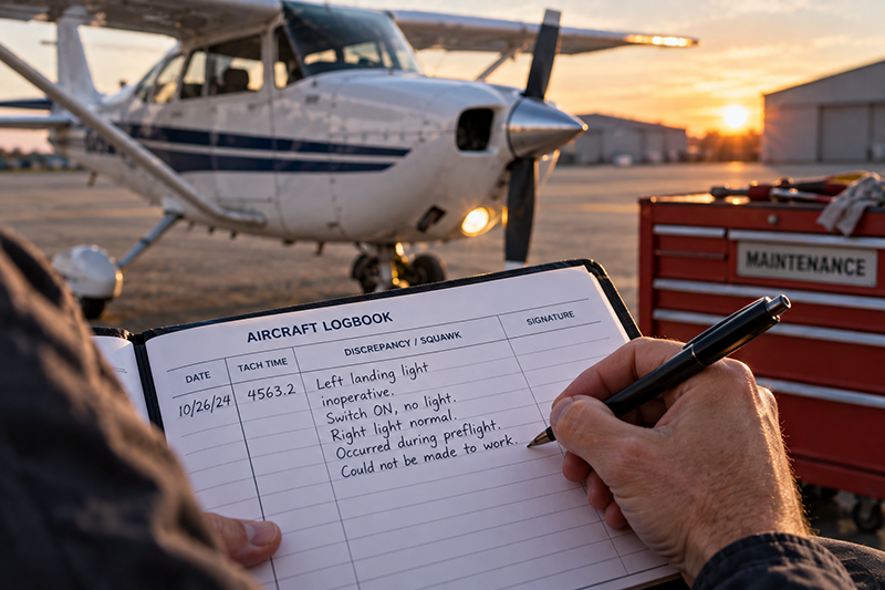 Pilot writing an aircraft maintenance squawk after flight while a mechanic reviews the airplane on the ramp