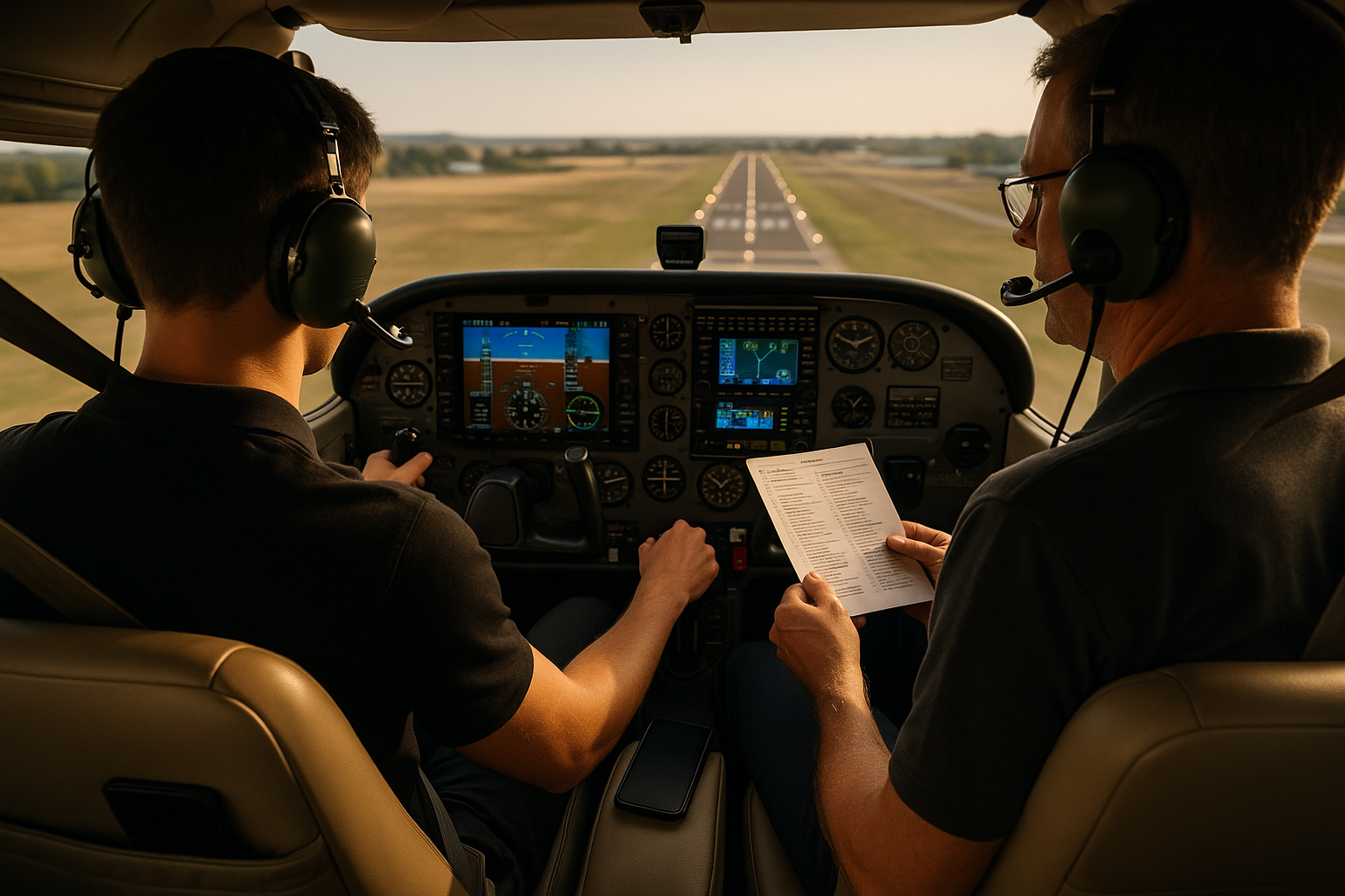 Pilot in cockpit performing pre-landing flow while managing radio and passenger communication in a small aircraft