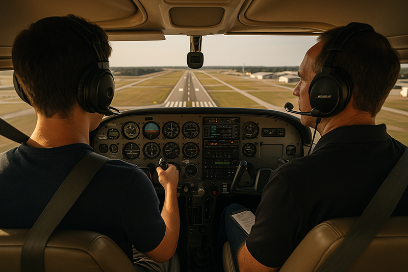 Pilot maintaining cockpit focus during approach while managing avionics and radio communications