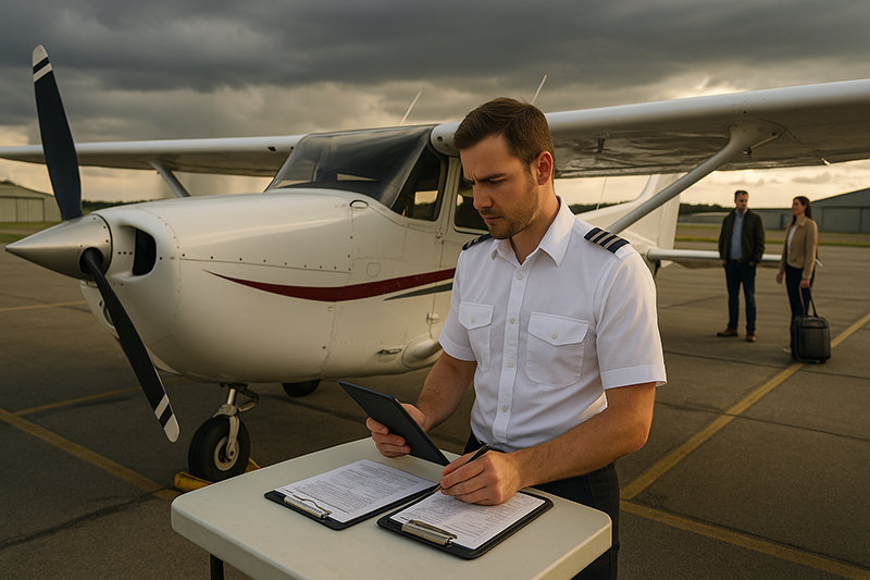 Pilot reviewing weather and route planning in a cockpit before managing a go/no-go decision