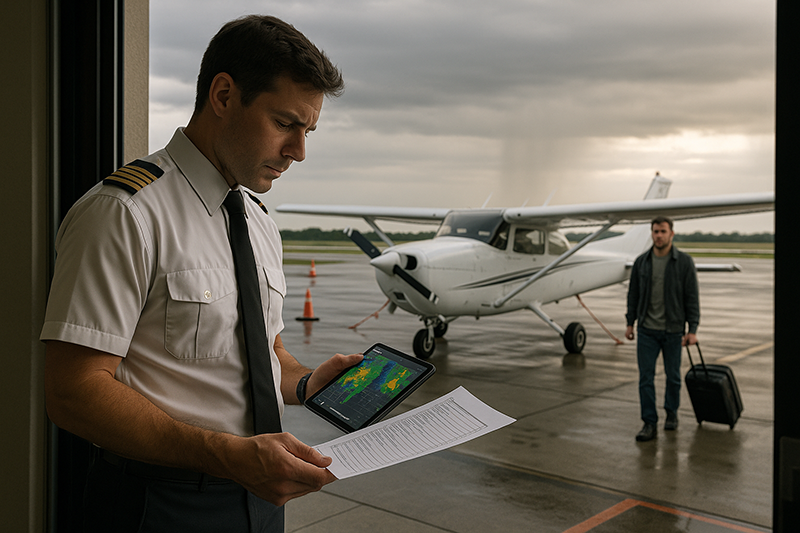 Pilot reviewing weather and route planning while managing external pressures before a flight
