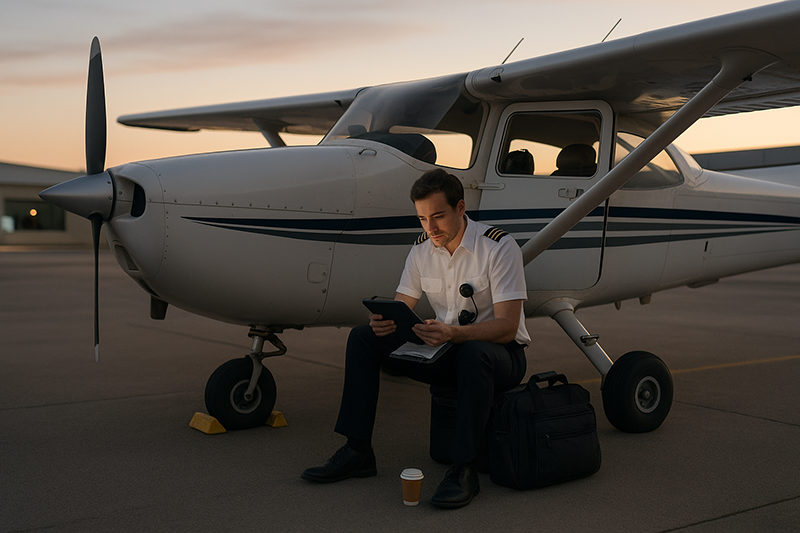 Pilot reviewing a multi-day flight plan and weather briefing before departure in a general aviation cockpit