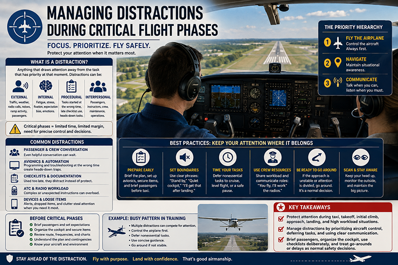 Pilot maintaining cockpit focus during approach while managing avionics and flight controls
