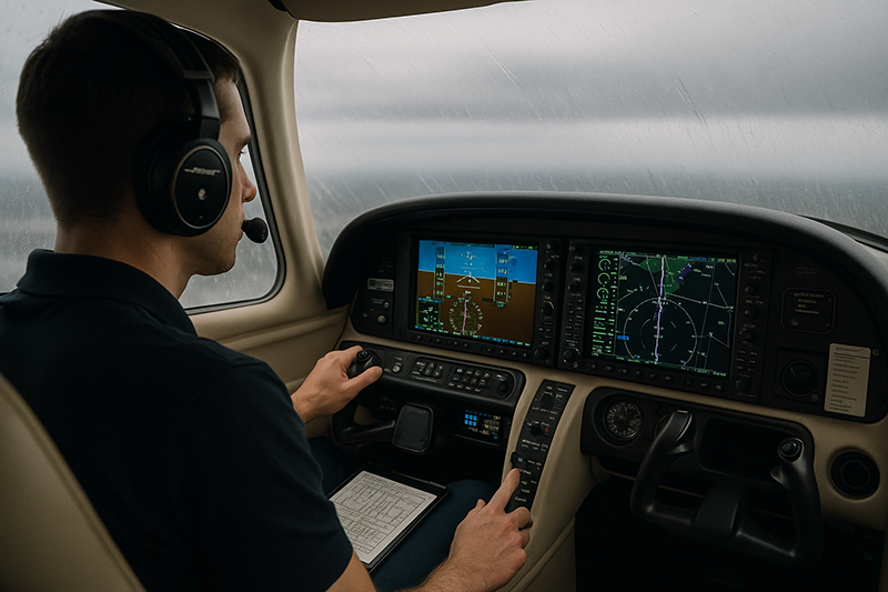 Pilot managing avionics and approach chart during a busy IFR flight in instrument conditions
