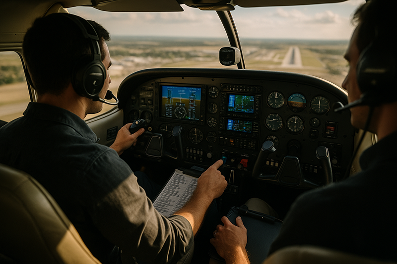 Pilot managing cockpit tasks and avionics during flight training in a modern general aviation aircraft