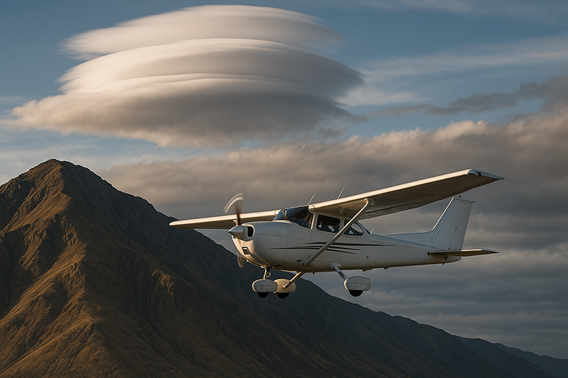 GA aircraft flying near mountain ridges with lenticular clouds indicating possible wave turbulence