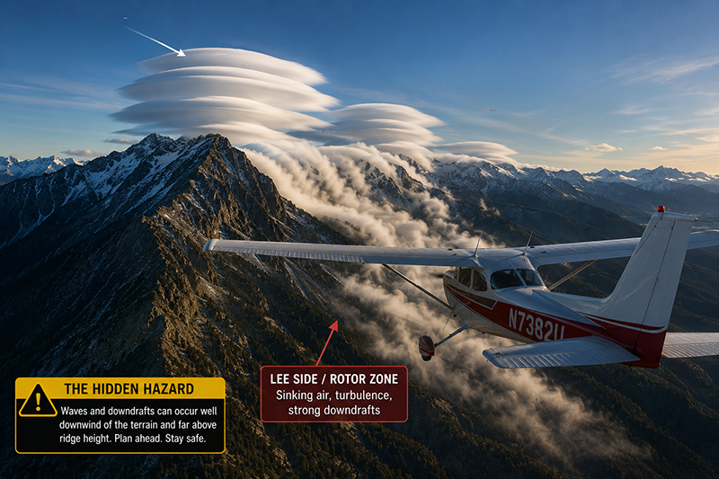 Light GA aircraft near mountain ridges with lenticular clouds signaling possible wave turbulence