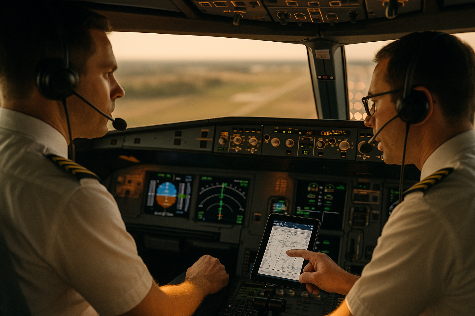 Two airline pilots in a modern cockpit coordinating briefings, callouts, and automation management during approach to a runway in low visibility conditions.
