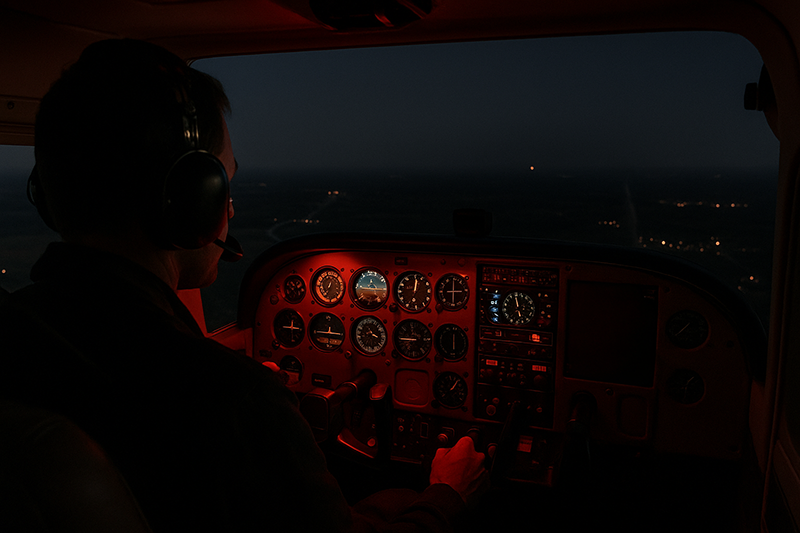 Pilot cockpit view of a night cross-country flight with runway lights, instruments, and dark terrain ahead