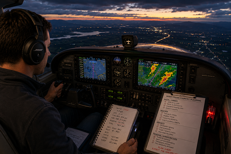 Light aircraft cockpit view at night on cross-country flight with runway and city lights ahead