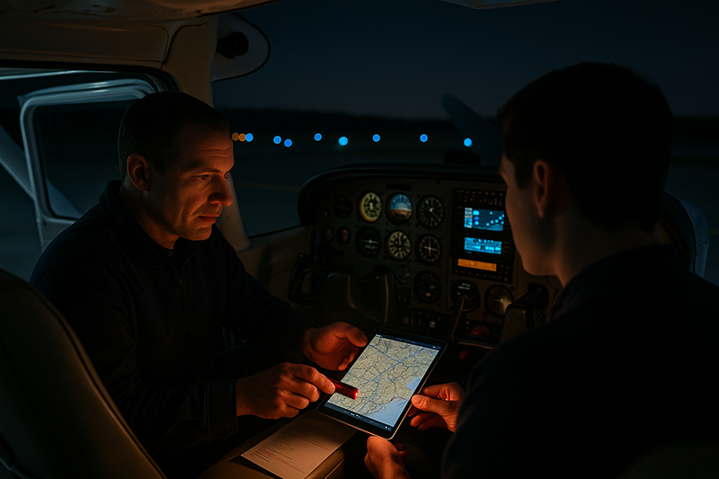 Single-engine aircraft cockpit at night showing route planning, instruments, and runway lights ahead