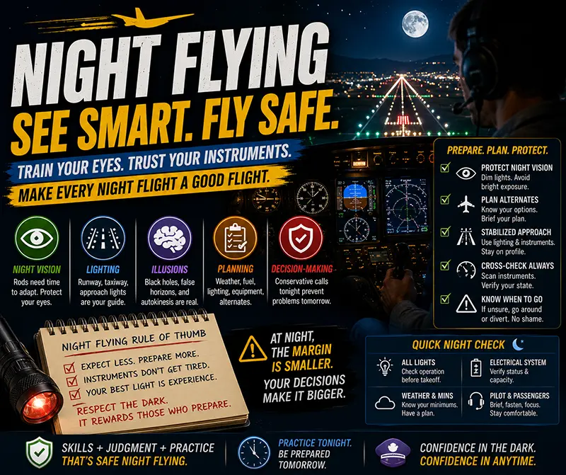 Student pilot cockpit view at night showing illuminated instruments, runway lights in the distance, and dim red panel lighting for night vision preservation