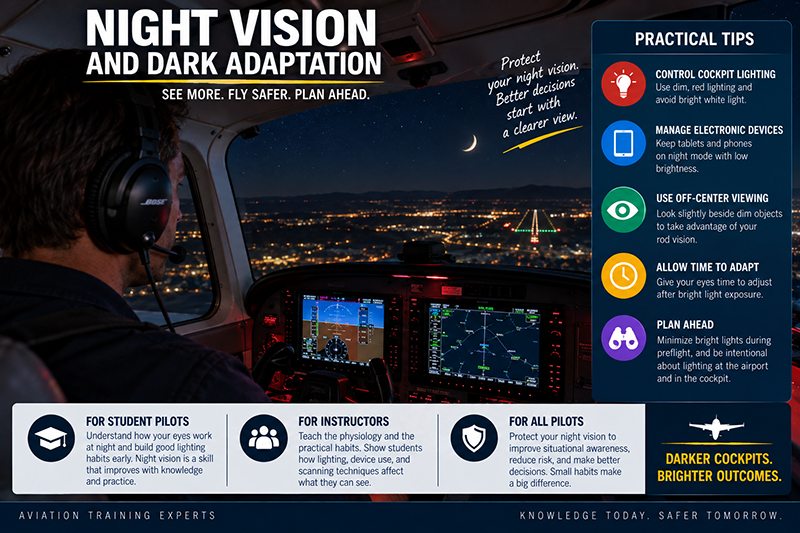 Pilot cockpit view at night with dim panel lighting and runway lights ahead during final approach