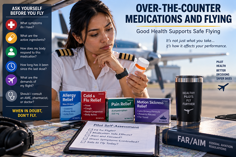 Pilot reviewing an over-the-counter medication label during preflight planning at an airport desk