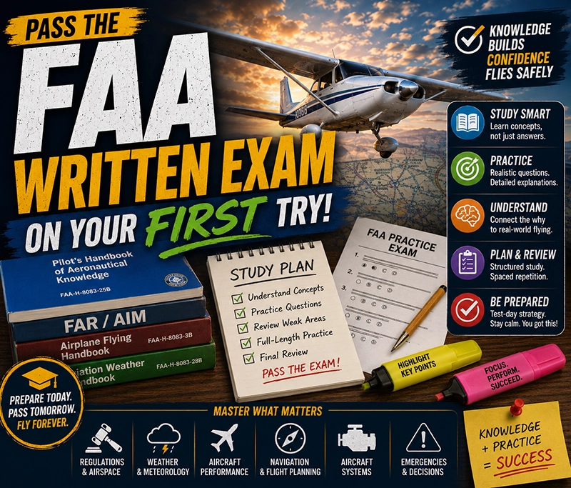 Student pilot studying FAA handbooks and practice exams at a table with aviation charts and headset, preparing for the FAA written exam