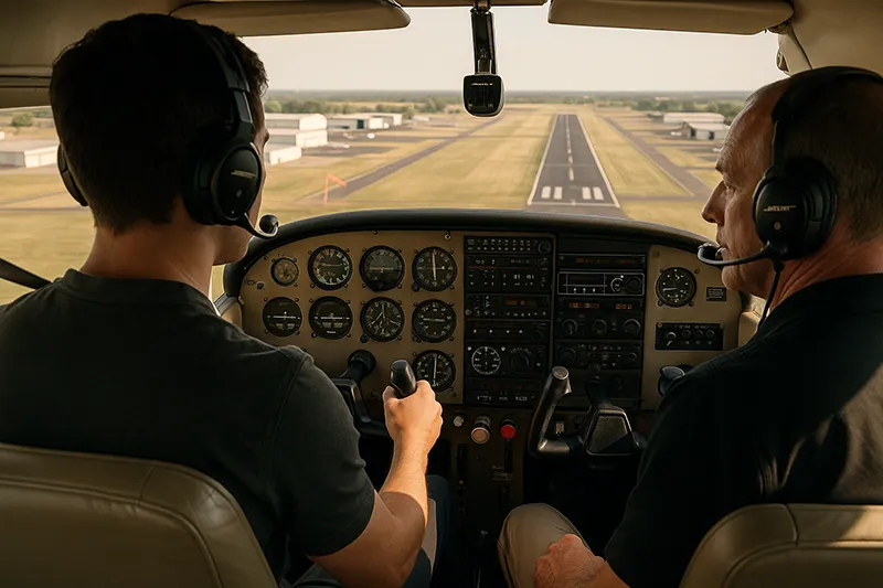 Student pilot and flight instructor practicing traffic pattern in a single-engine airplane at a small airport, focusing on flow and decision-making to reduce workload and stress