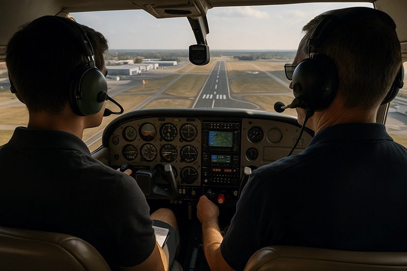 Single-engine trainer on downwind leg of a busy airport traffic pattern with other light aircraft visible and runway ahead, demonstrating pattern work practice and situational awareness.