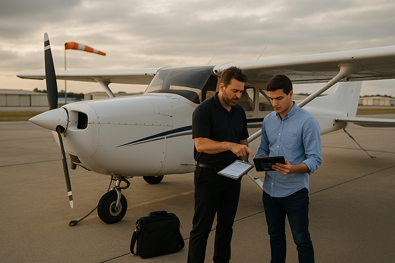 Pilot reviewing weather and route planning with the PAVE checklist before a general aviation flight