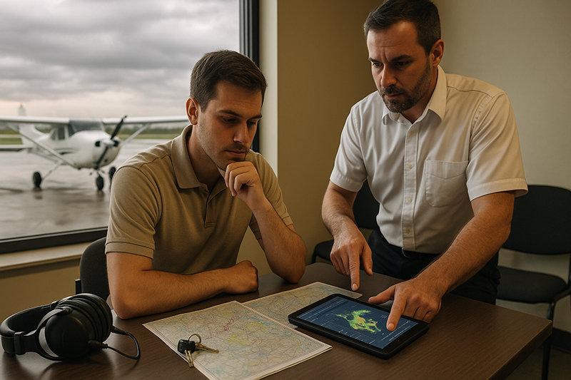 Pilot reviewing a flight plan and weather briefing while applying the PAVE checklist in a cockpit