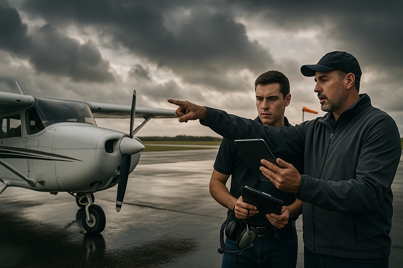 Pilot reviewing weather and personal minimums on a tablet before a general aviation flight