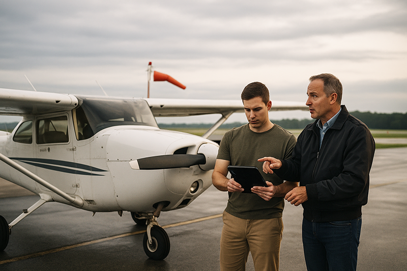 Pilot reviewing weather and personal minimums on a tablet before a general aviation flight