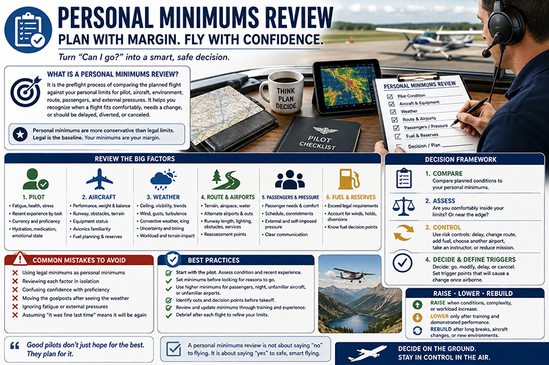 Pilot reviewing personal minimums and weather planning notes before a general aviation flight