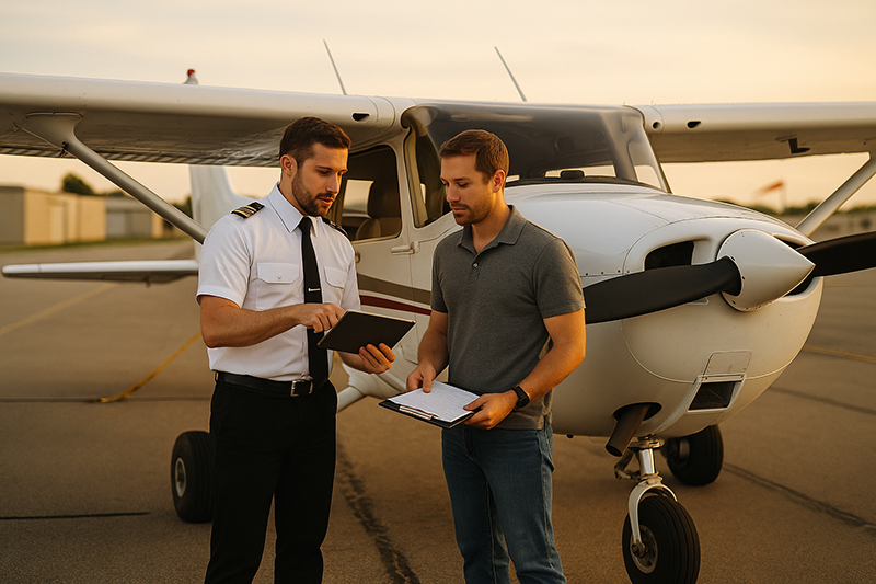 Pilot reviewing a personal proficiency program in a cockpit before a general aviation training flight