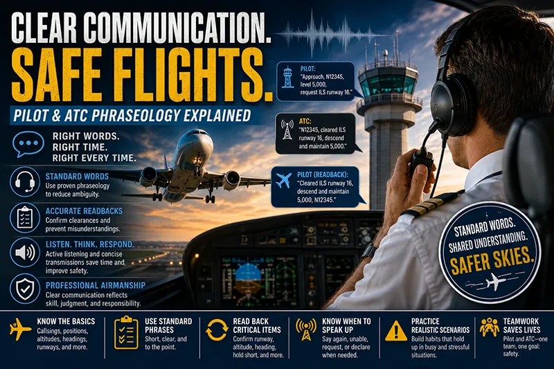 Pilot and air traffic controller communicating over headsets during an approach briefing at a controlled airport, cockpit and tower context