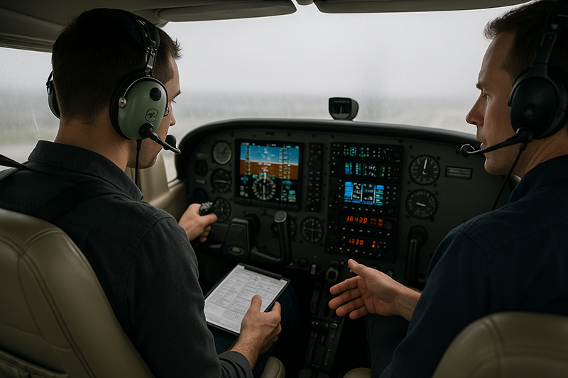 Pilot managing cockpit workload and avionics during a high-workload training scenario in flight