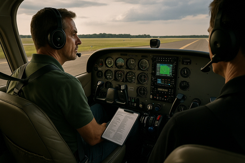 Experienced pilot reviewing a cockpit checklist before flight to prevent complacency and maintain safety