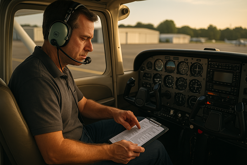 Experienced pilot reviewing a checklist in a light aircraft cockpit before a routine flight