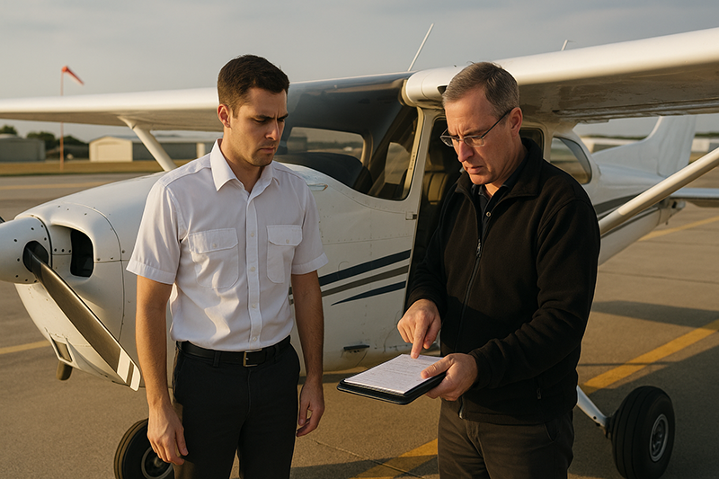 Flight instructor and pilot reviewing logbook currency and proficiency planning beside a training aircraft
