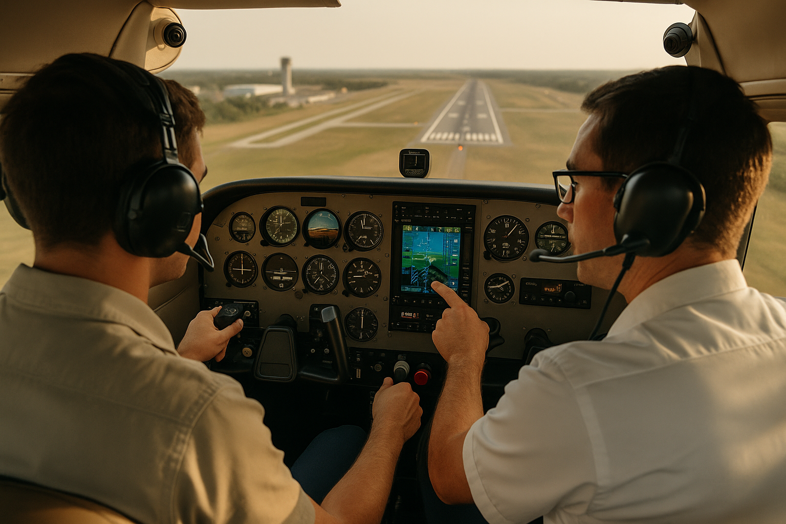 Pilot in cockpit briefing with charts and headset, reviewing ATC clearance to prevent pilot deviations during taxi and departure.