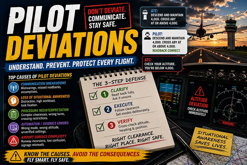 General aviation cockpit view with pilot verifying instruments and airport layout to prevent pilot deviations during taxi or approach.