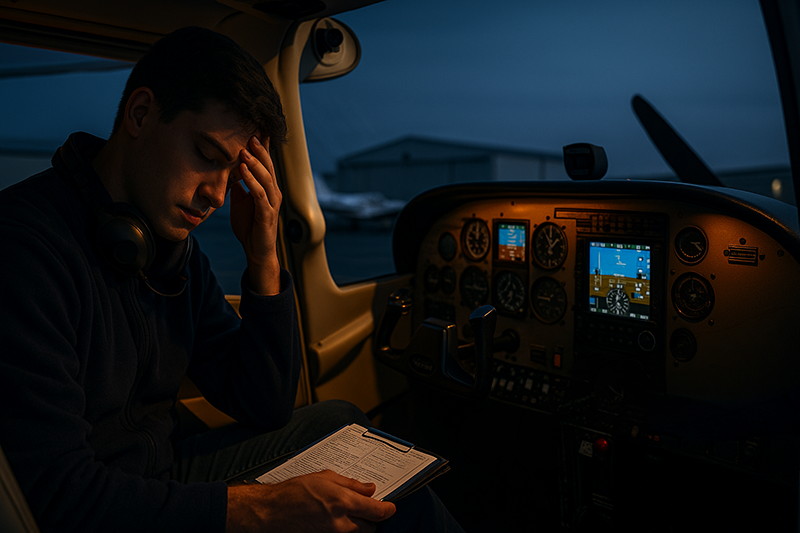 Fatigued pilot reviewing flight instruments in a quiet cockpit before an early morning departure