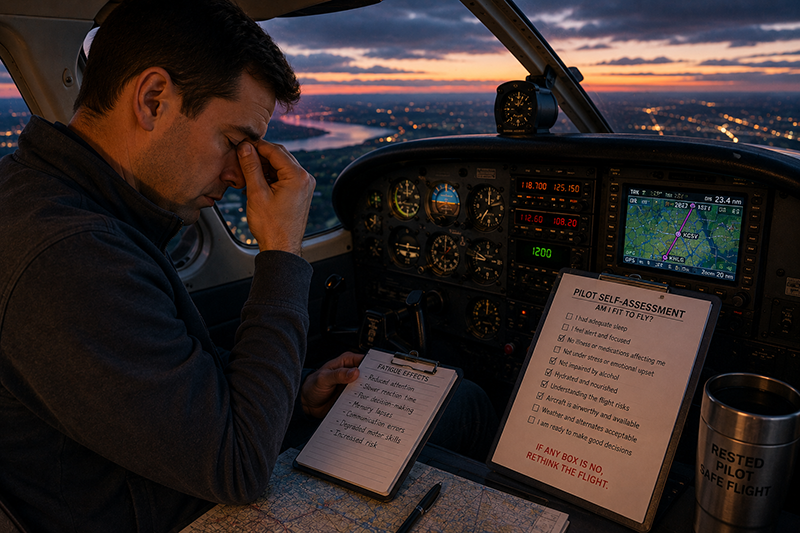 Tired pilot reviewing a flight plan in a dim cockpit before a night cross-country flight