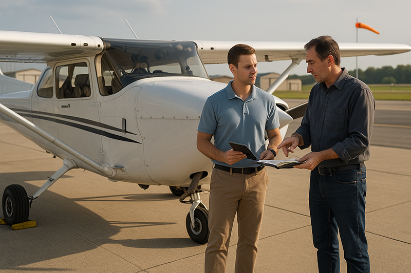 Pilot and flight instructor reviewing a proficiency plan in a light aircraft cockpit before flight
