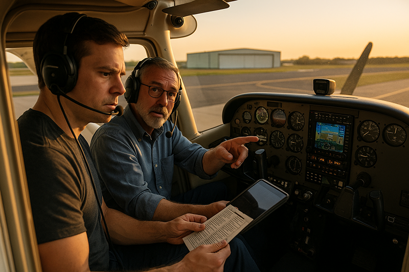 Pilot reviewing a flight plan and checklist in a training aircraft cockpit before a proficiency flight