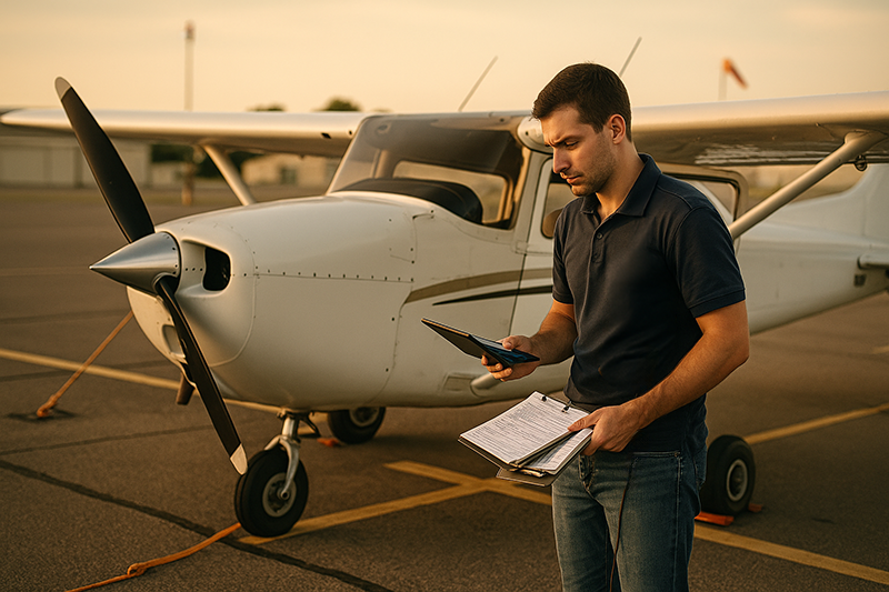 Pilot reviewing flight notes and tablet data during a structured postflight self-debrief at the airport