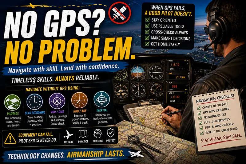 A pilot at the cockpit chart table using sectional charts and tuning a VOR receiver while flying without GPS
