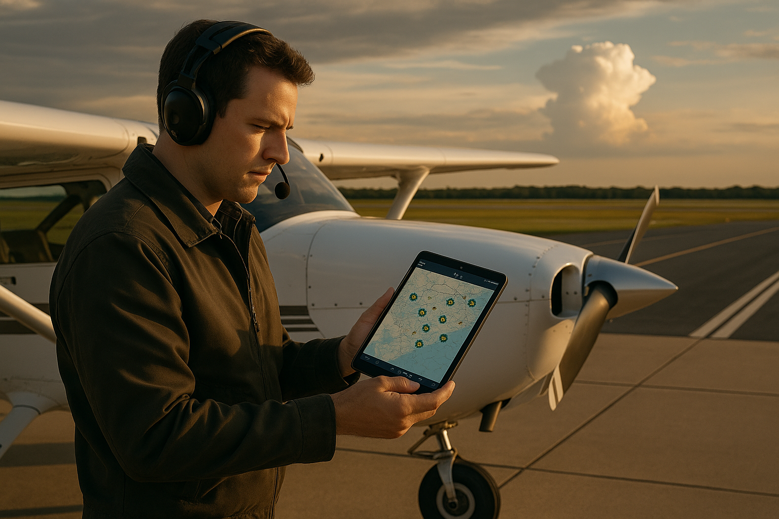 Pilot reviewing PIREP displays and weather briefing on a tablet in the cockpit while preparing an IFR flight plan, showing weather layers and reported turbulence locations.
