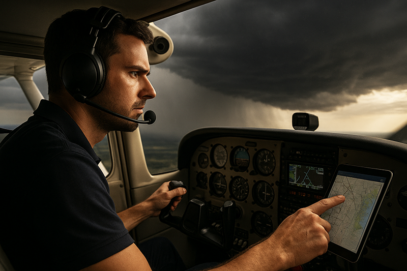 Pilot reviewing weather and route options in a cockpit before changing a flight plan for safety