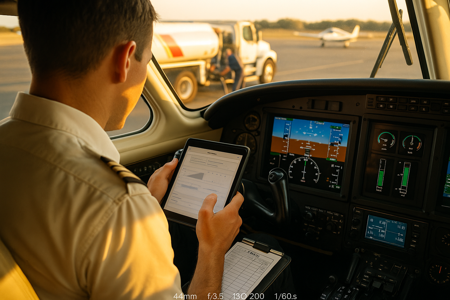 Small twin-engine airplane refueling at an airport ramp with crew checking fuel gauges and a flight plan on a kneeboard, showing fuel stop planning context