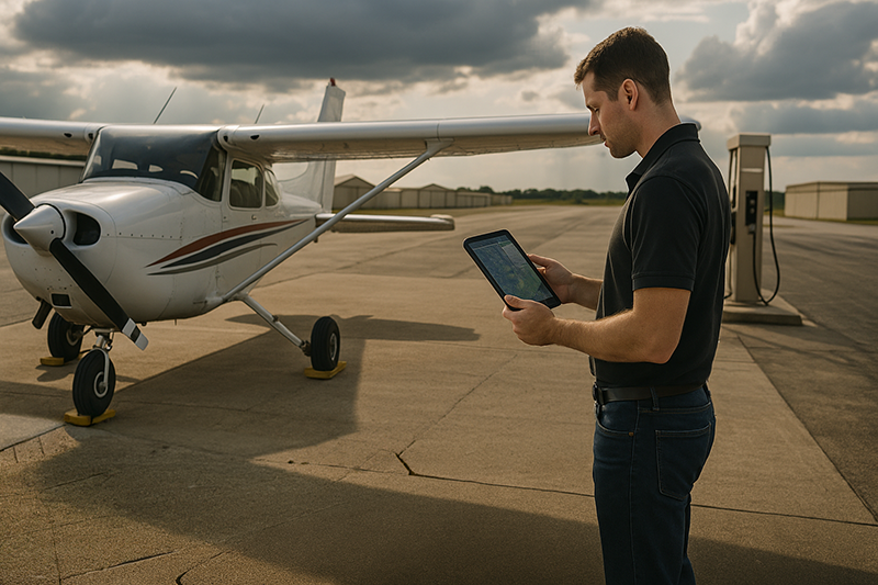 Pilot reviewing a cross-country route with planned fuel stops on a tablet beside a light aircraft