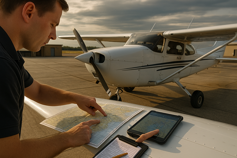 Pilot reviewing a cross-country route and fuel stop plan on a tablet beside a light aircraft