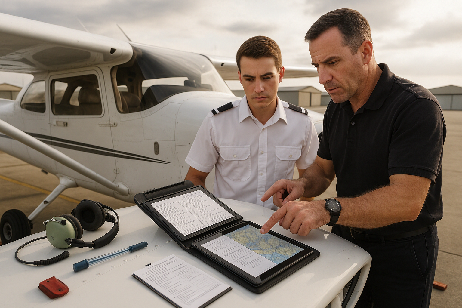 Pilot reviewing route planning, weather, and aircraft documents before a general aviation flight