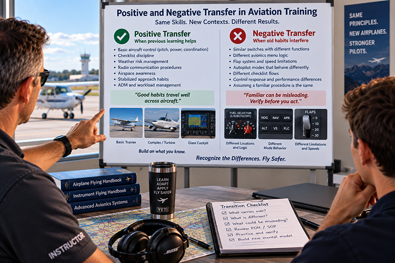 Pilot training in a modern cockpit while comparing aircraft avionics and flight controls