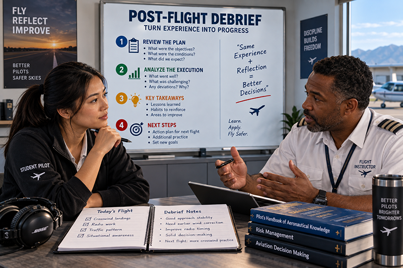 Flight instructor and student pilot reviewing notes after shutdown during a training debrief