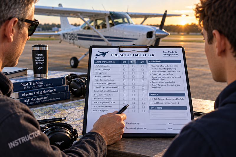 Flight instructor observing a student pilot during a pre-solo stage check in a training aircraft