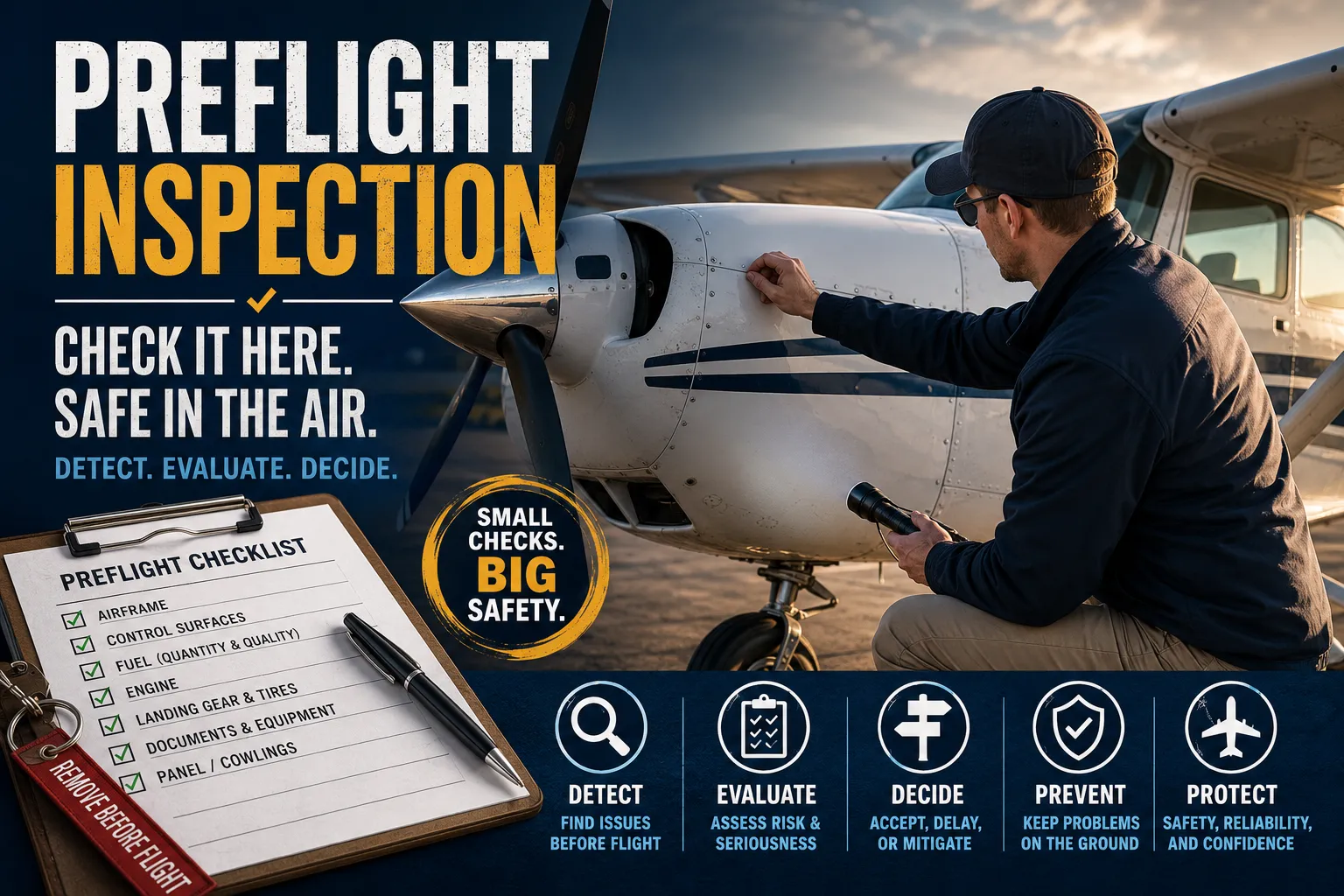 Pilot performing a preflight inspection during a walkaround, checking fuel drains and control surfaces on a light aircraft